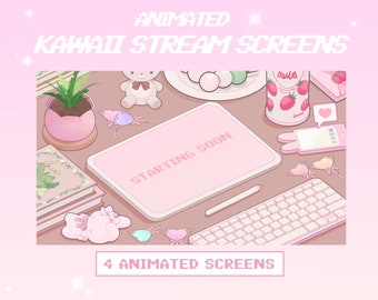 May include: Animated Kawaii Stream Screens with a pink and white color scheme. The screens feature a pink keyboard, a pink tablet with the text "Starting Soon", and a pink and white mouse. The screens are surrounded by kawaii decorations, including a pink teddy bear, a pink plant, and a pink milk carton with a strawberry on it.