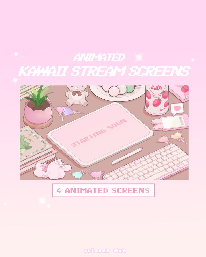 May include: Animated Kawaii Stream Screens with a pink and white color scheme. The screens feature a pink keyboard, a pink tablet with the text "Starting Soon", and a pink and white mouse. The screens are surrounded by kawaii decorations, including a pink teddy bear, a pink plant, and a pink milk carton with a strawberry on it.