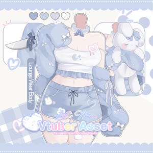 Puede incluir: Una ilustración digital de un conjunto de ropa de estar azul claro y blanco para un avatar Vtuber. El atuendo incluye una camiseta corta con un gráfico de luna y estrella, pantalones cortos azules con cordón, una chaqueta esponjosa, una gargantilla y un conejo de peluche.