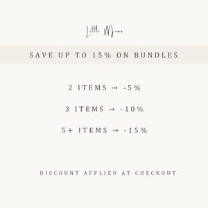 May include: A promotional graphic with a light beige background featuring the text Little Mama at the top. It states Save up to 15% on bundles, listing 2 items for 5% off, 3 items for 10% off, and 5+ items for 15% off, with Discount applied at checkout.