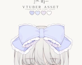 May include: A digital illustration of a light purple hair bow with white ruffled trim, positioned above a character's head. The text reads Little Moon, VTUBER ASSET, Compatible with Vtube Studio, and MODEL NOT INCLUDED, with four heart icons.