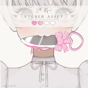 May include: A digital illustration of a character holding a knife in their mouth. The knife features a pink handle with a heart-shaped bow and ring, and a metallic blade with pink liquid dripping from the edge. Text reads Little Moon VTUBER ASSET.