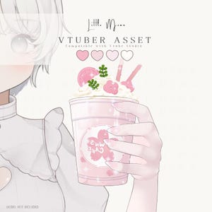 Könnte beinhalten: Digitale Illustration eines rosa Getränkebechers mit Kirschblütenmuster. Der Becher ist mit Schlagsahne gefüllt und mit einem Keks, Blumen und Strohhalmen verziert. Der Text "VTUBER ASSET" ist sichtbar.