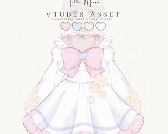 May include: A digital illustration of a white dress with long sleeves, a large pink bow at the chest, and a heart-shaped charm. The dress features a ruffled hem, light blue trim, and small peach-colored flower accents. Text reads Little Moon VTUBER ASSET.