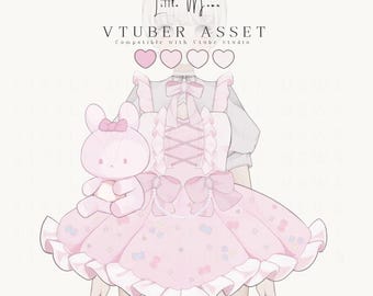 May include: A digital illustration of a light pink dress with ruffles, bows, and a lace-up bodice, featuring a small pink rabbit plushie. The text reads Little Moon, VTUBER ASSET, Compatible with Vtube Studio, and MODEL NOT INCLUDED.