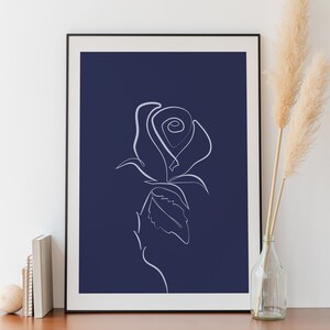 Rose Line Drawing,Blue Wall Art,One Line Drawing,One Line Rose Print,Art Prints,Home Decor,Valentines Day Gift,Gift For Her,Digital Download