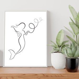 Mermaid Print,Mermaid Wall Hanging,Modern Line Drawing,Black And White Art,Mermaid Decor,Extra Large Wall Art Abstract,Printable Wall Art,