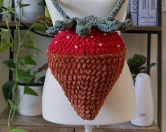 Chocolate Covered Red Crochet Strawberry Bag. Valentines Day. Beaded Strawberry Bag. Strawberry Bag. Amigurumi Strawberry Bag. Handmade.