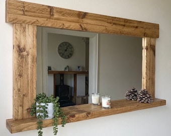 Beautiful quality rustic wooden mirror with shelf