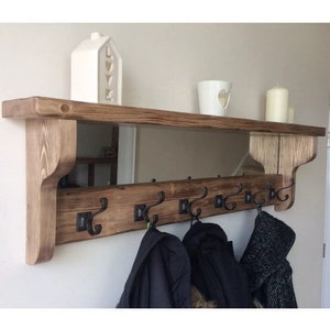Beautiful quality handmade rustic mirror Coat rack with shelf