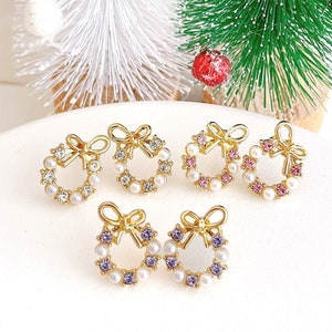 Gold Christmas Wreath Stud Earrings, Sterling Silver Post