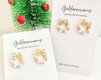 Gold Christmas Wreath Earrings/Dainty Holiday Stud /925 Sterling Silver Post/Flower Wreath Stud Earrings/Gold Earrings/Gifts