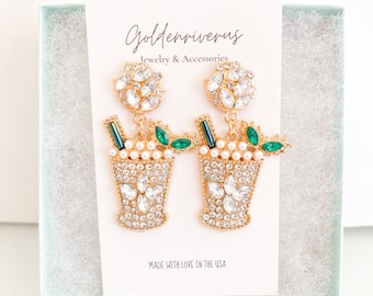 Boucles d'oreilles cocktail/Boucles d'oreilles menthe Julep/Boucles d'oreilles derby/Boucles d'oreilles du sud/Boucles d'oreilles en cristal/Derby du Kentucky/Boucles d'oreilles pendantes déclaration/Course de chevaux/Cadeau