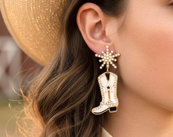 Rhinestone Cowboy Boot Earrings, Western Dangle Earrings for Women, Enamel Cowgirl Jewelry, Country Concert Accessories, Nashville Trip