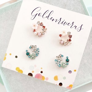 2 sets of dainty fairy CZ flower wreath stud earrings/Spring Earrings/Gift choice