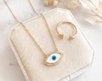 Evil Eye Necklace Gold, 18K Gold Dipped Mother of Pearl Evil Eye Pendant, Dainty Cubic Zirconia Protection Necklace, Birthday Gift for Her