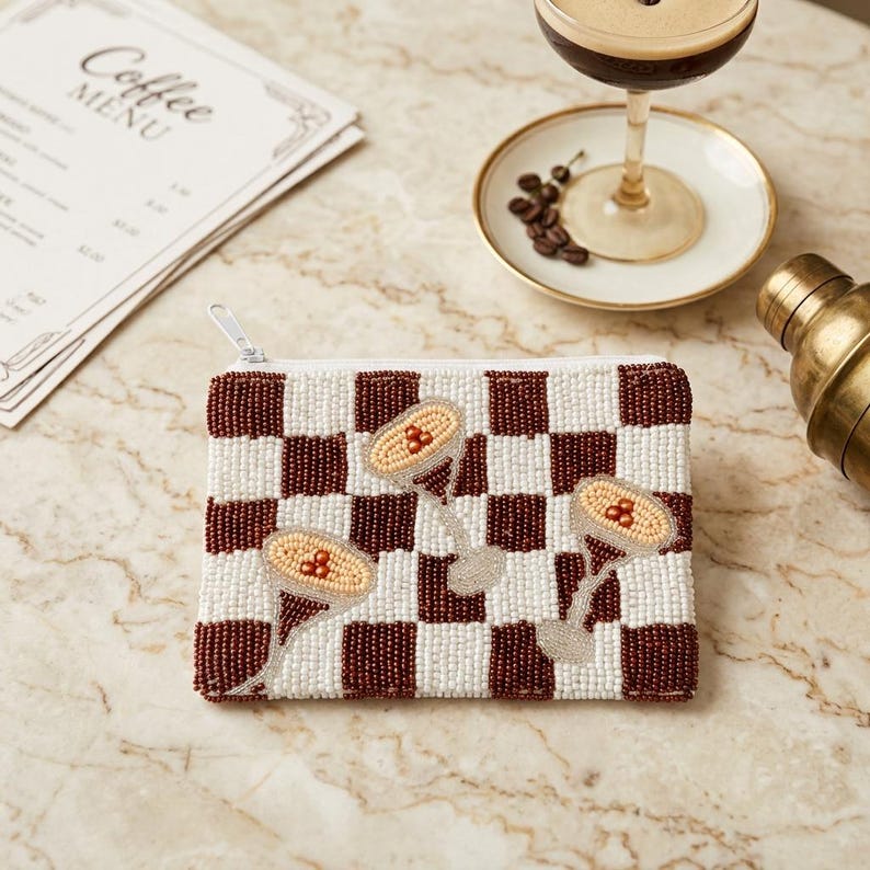 Beaded Martini Coin Purse, Checkerboard Cocktail Canvas Pouch, Handmade ...