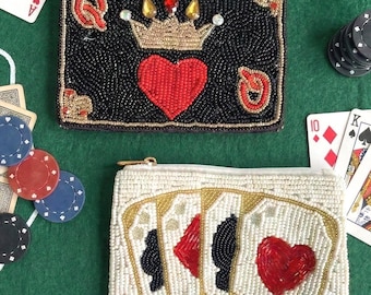 Black Spade Queen of Heart Crown Beaded Coin Pouch/Beaded Coin Purse/Gift for her/Vegas/gamble/ poker