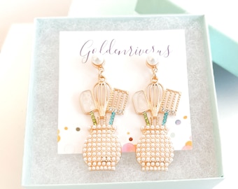 Chef Baking Whisk Earrings, Pearl Statement Kitchen Utensil Jewelry