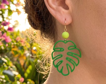 Enamel Monstera Leaf Dangle Earrings: Tropical Plant Jewelry