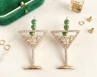 Martini Glass Earrings, Crystal Rhinestone Cocktail Earrings, Olive Martini Jewelry– Cocktail Party Accessories