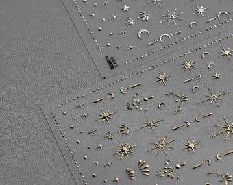 Adesivi per unghie 3D a forma di stella e luna in oro o argento – Decalcomanie metalliche per nail art con design celeste in rilievo