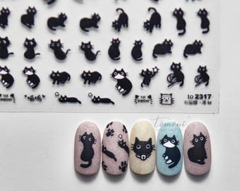 Black Cat Nail Stickers – Cute Cartoon Cat Nail Art Decals