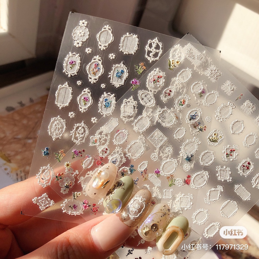 Nail Decals/ Nail Stickers - White Lace Frames -3D Embossing- Nail Art