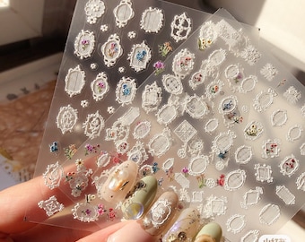 White Lace Frame Nail Decals: 3D Embossed DIY Nail Art