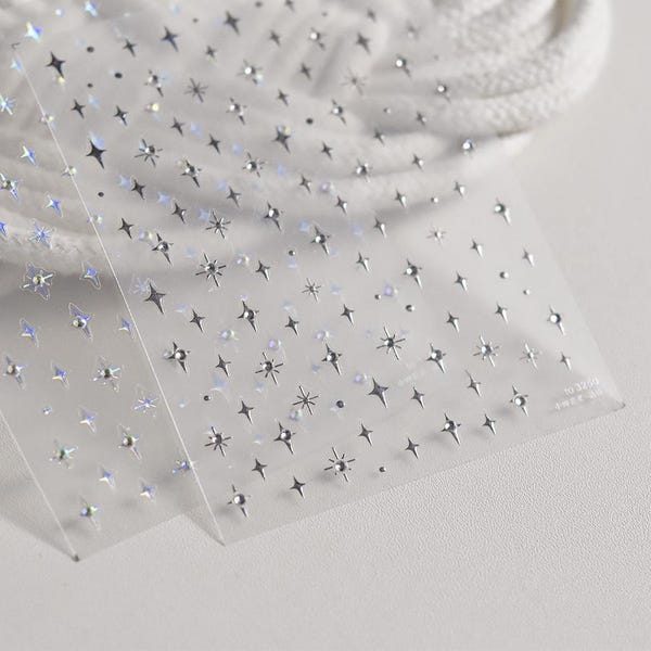 3D Silver & Holographic Star Nail Stickers with Rhinestones – Sparkly Embossed Metallic Nail Art Decals