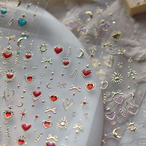 Heart Crystal Nail Art Stickers | 3D Gold Outline Nail Decals | Celestial Moon & Star Nail Stickers | Easy DIY Manicure Decoration