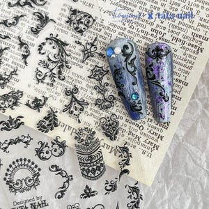 Baroque Nail Decals | Vintage Black Pattern Stickers | Gothic Scroll Nail Art DIY | 3D Embossed