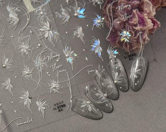 Calcomanías para uñas con flores de perla 3D / Pegatinas iridiscentes de arcoíris y relieve clásico / Elegante diseño floral para uñas