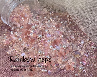 Pedra de cristal natural Nail Art/pedras trituradas multicoloridas com mini borboleta e pérolas