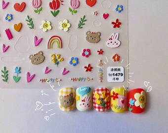 Décalcomanies pour ongles nounours et lapins : décoration d'ongles DIY en relief 3D