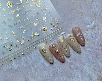 Goldfarbene Nagelsticker – Sonne, Mond, Sterne | Luxus Metallic Nagel Abziehbilder