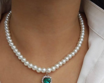 White Glass Pearl Necklace with Emerald Rhinestone Heart Centre Pendant and Adjustable Extender Chain