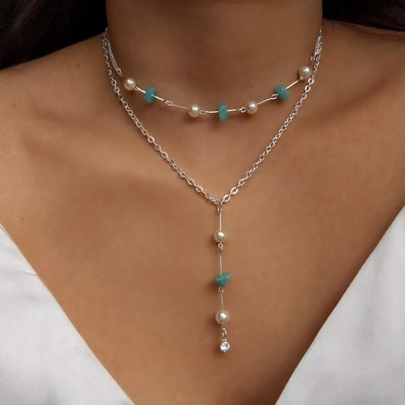 Collana Di Perle Con Ciondolo Vintage 3 Strati - Stile Boho Spiaggia Con Bustina Portagioie In Pelle PU