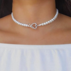 White Glass Pearl Necklace with Silver Heart Toggle Bar Clasp - Pearl Size: 6mm