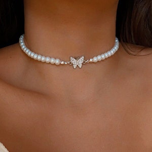 Rhinestone Butterfly Pendant White Glass Pearl  Choker Necklace - adjustable