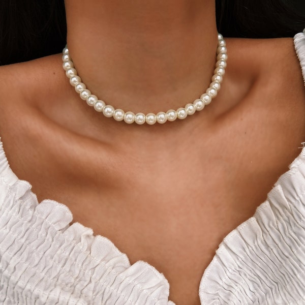 Ivory Glass Pearl Silver Necklace For Men and Women With Adjustable Extender Chain - Pearl Size: 8mm