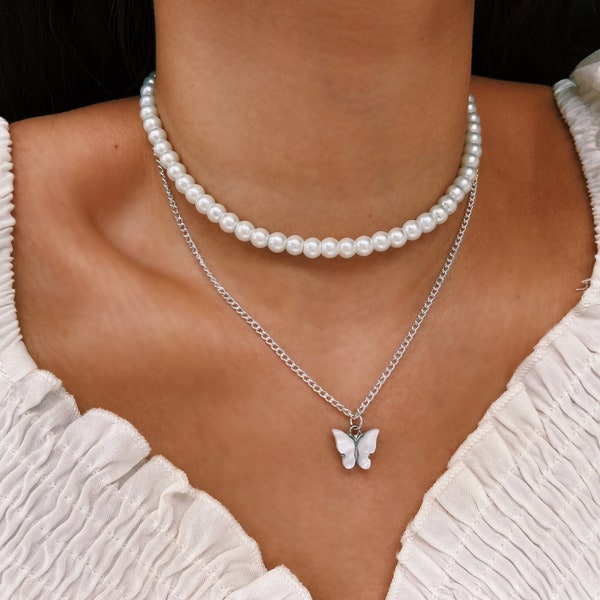 White Glass Pearl Choker with Butterfly Pendant Silver Multilayer Necklace Set With Adjustable Extender Chain