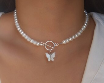 White Butterfly Toggle Bar Glass Pearl Necklace