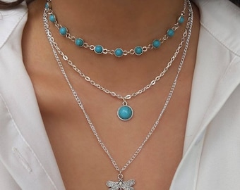 Turquoise Stone Silver Multilayer Necklace with Boho Dragonfly Pendant