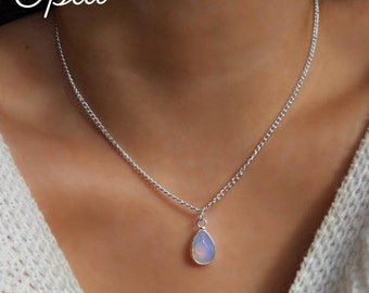 Opalite, Rose Quartz or Aventurine Gemstone Teardrop Pendant Silver Gemstone Necklace With Adjustable Extender Chain - for Men and Women