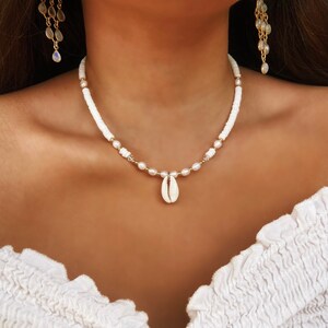 24K Gold / Silver Natural White Pukka Shell Necklace With Cowrie Shell Pendant and Freshwater Pearl Beads -Fine Jewellery- holiday/ gift