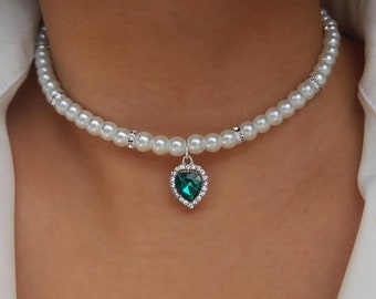 Strass Herz Glasperlen Choker Halskette in Smaragd oder Weiß mit Diamante Ring Perlen - Perlen Größe: 6mm