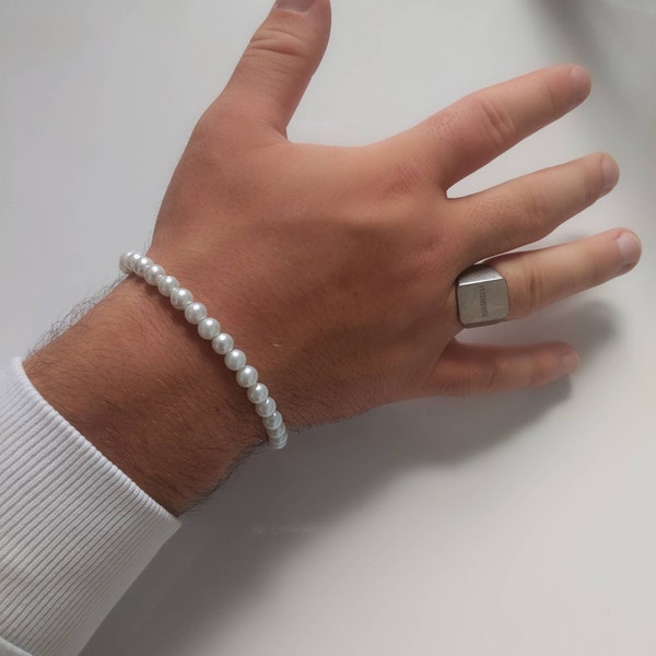 Pulsera de perlas de vidrio blanco para hombre con cadena extensible ajustable de plata - Tamaño de la perla: 6 mm