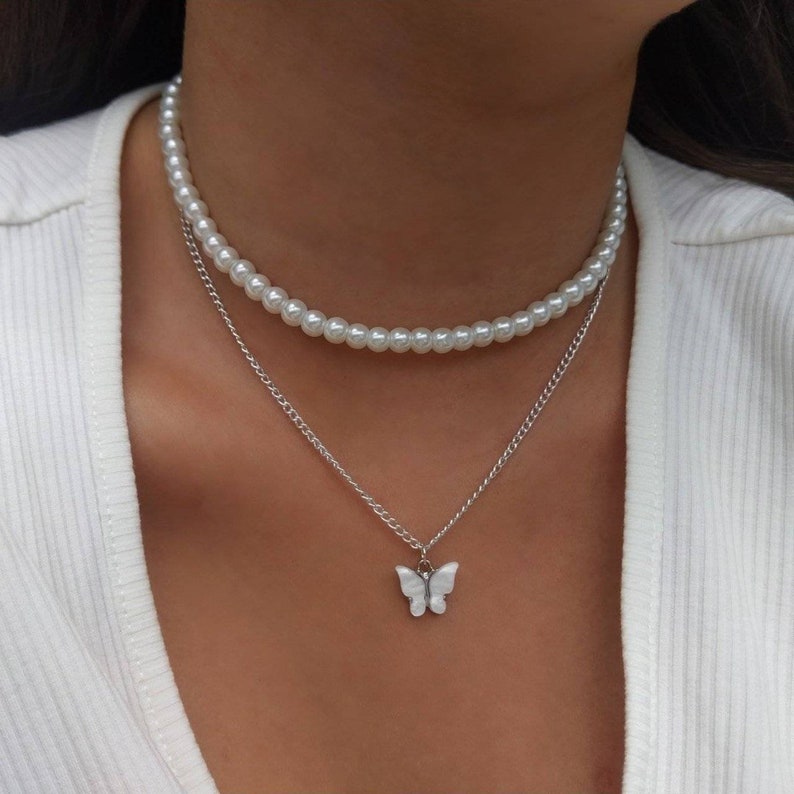 White Glass Pearl Choker with Butterfly Pendant Silver Multilayer Necklace Set With Adjustable Extender Chain 