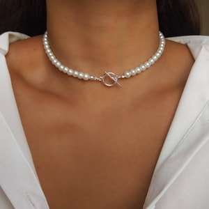 White Glass Pearl Choker Necklace For Men and Women with Silver Toggle Bar Clasp